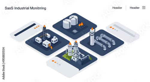 Isometric Industrial Monitoring System with Oil Rigs and Factories.