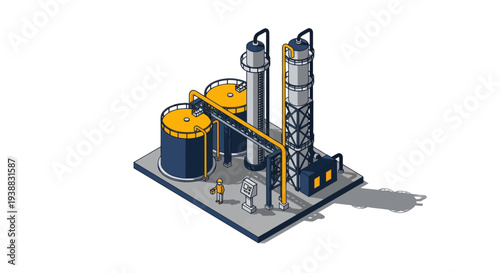 Isometric Industrial Oil Refinery Plant with Storage Tanks and Towers.
