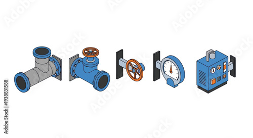 Isometric Industrial Pipe Fittings and Valves Set.