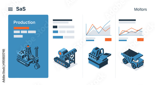 Isometric Industrial Production and Mining Equipment Displayed on a Digital Interface.
