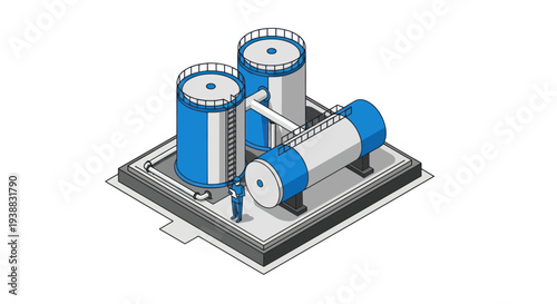 Isometric Industrial Tanks and Pipeline System Illustration.
