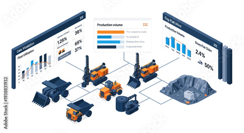 Isometric Mining Operation with Digital Data and Heavy Machinery.