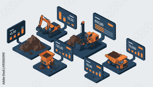 Isometric Mining Operation with Heavy Machinery and Data Displays.