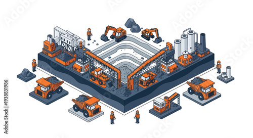 Isometric Mining Operation with Heavy Machinery and Workers.