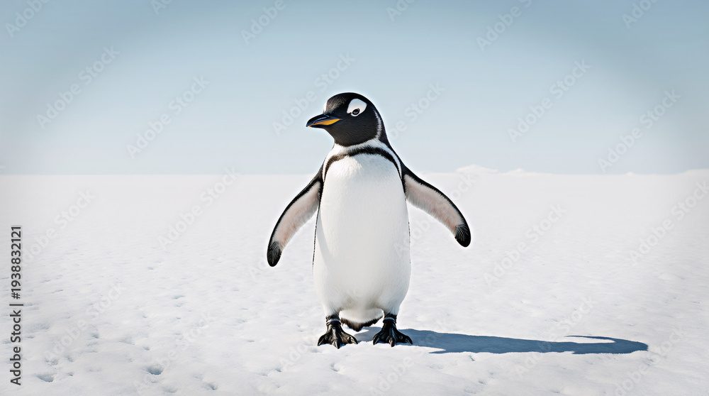 Obraz premium Funny pic of penguin standing proudly on vast snow covered white landscape
