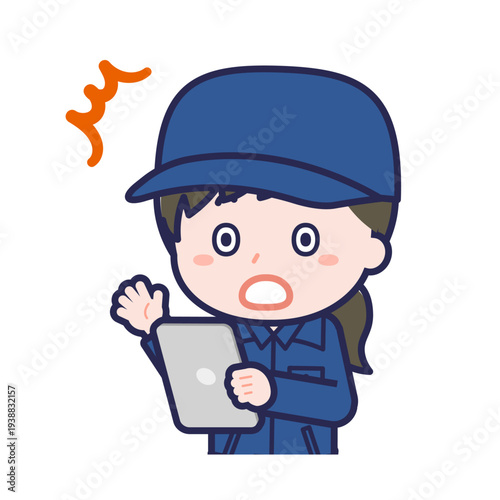 タブレットを使う「消防団員」の女性