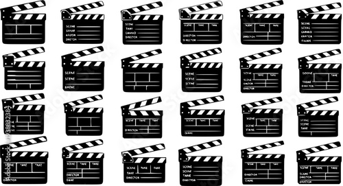 Film and Movie Clapperboard Icons Set. Black and White Flat Vector Clapboards for Cinema, Video Production, and Entertainment Industry Concepts.