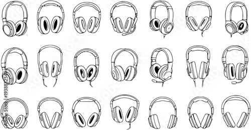 Technology Headphones Black  White Line Art Vector Collection. Hand-drawn outline icons of diverse audio headsets for music, communication, sound, and digital media.