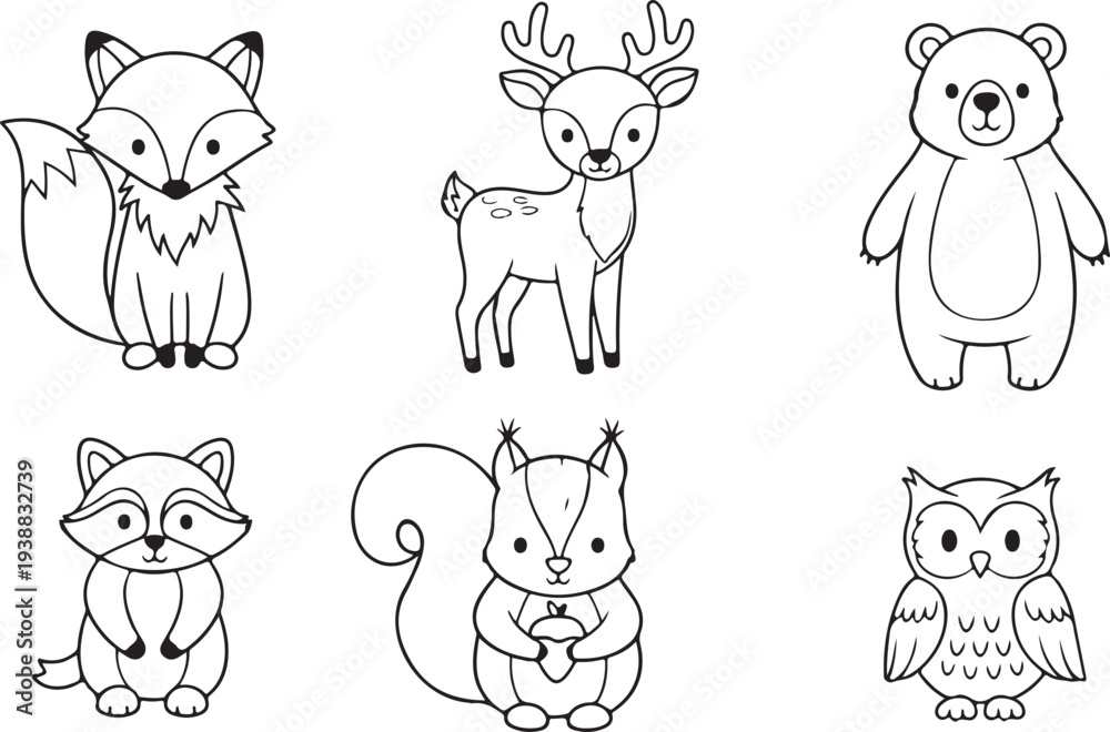 Obraz premium A charming set of hand-drawn woodland animal illustrations in a clean minimalist style, featuring a fox, deer, bear, raccoon, squirrel, and owl.