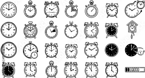 Time and Punctuality Concepts: Black and White Line Art Icons Collection of Clocks, Alarm Clocks, Stopwatches, and Timers for Scheduling