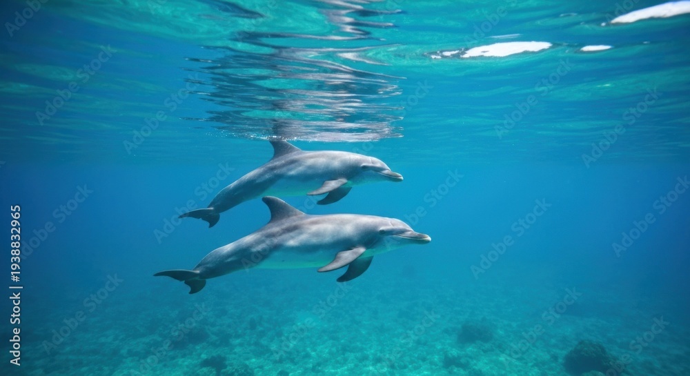 Obraz premium Two dolphins glide underwater, sunlight dappling the surface above