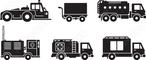 Black Solid Ground Support Aircraft Silhouettes Set of Six on White Background