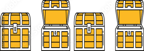 Treasure Chest Set Open and Closed Pirate Treasure Box Gold Storage Flat Vector Illustration
