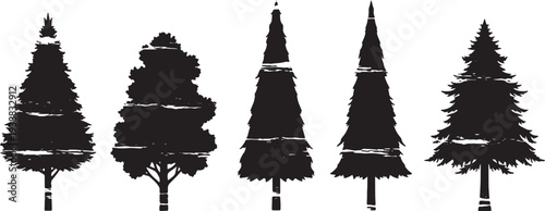 Black Solid Grunge Distressed Tree Silhouettes Set of Six on White Background