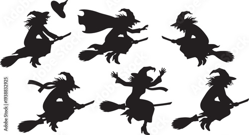 Black Solid Gust of Wind Witch Silhouettes Set of Six on White Background