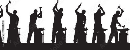 Black Solid Mechanic Hammering Silhouettes Set of Six on White Background