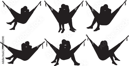 Black Solid Hammock Relax Couple Hugs Set of Six on White Background