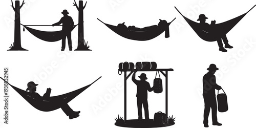 Versatile Use of a Hammock by an Explorer Silhouettes Set
