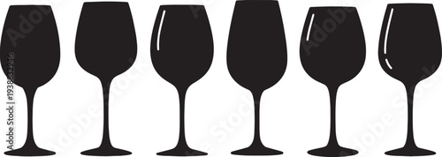 Black Solid Handcrafted Wine Glasses Silhouettes Set of Six on White Background