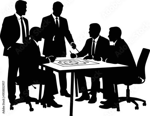 Business group analyzing architectural plan on table