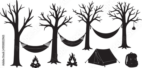 Black Solid Hammock Strap Tree Silhouettes Set of Six on White Background