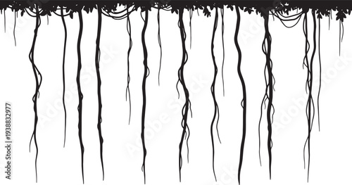 Black Solid Hanging Jungle Vine Silhouettes Set of Six on White Background