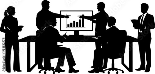 Business group analyzing financial data on computer screen