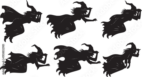 Black Solid Hat Clutching Witch Silhouettes Set of Six on White Background