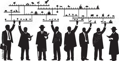 Black Solid Historian Timeline Silhouettes Set of Six on White Background