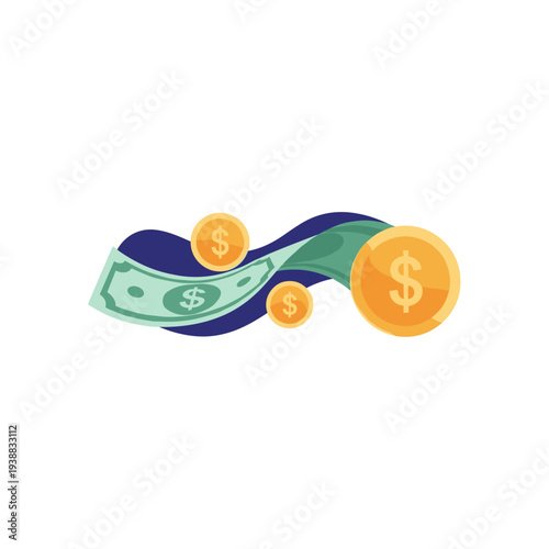 Money flowing in with dollar bills and coins