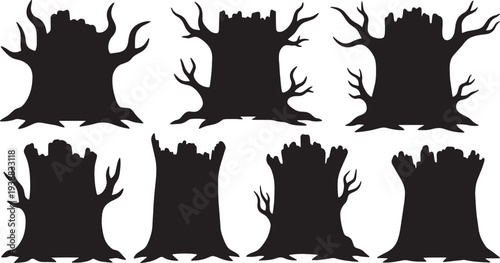 Black Solid Hollow Tree Trunk Silhouettes Set of Six on White Background