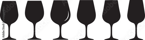 Black Solid Horizontal Emphasis Wine Glasses Silhouettes Set of Six on White Background