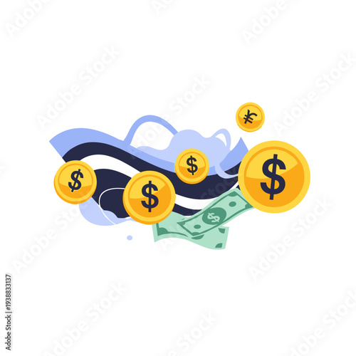 Money and finance concept with coins and banknotes floating