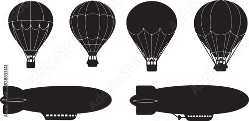 Black Solid Hot Air Balloons and Zeppelins Silhouettes Set of Six on White Background