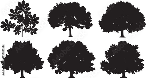Black Solid Horse Chestnut Tree Silhouettes Set of Six on White Background