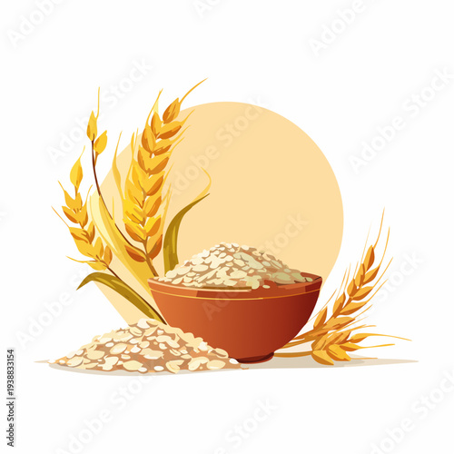 Harvested Golden Wheat Stalks Surrounding a Rustic Bowl Overflowing with Nutritious Oat Groats and Flakes Against a Soft Beige Circular Background with Subtle Lighting Accents
