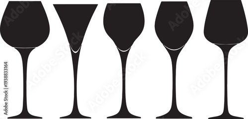 Black Solid Hourglass Shape Wine Glasses Silhouettes Set of Six on White Background