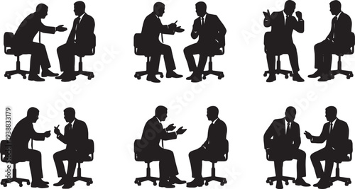 Black Solid HR Manager Interview Silhouettes Set of Six on White Background