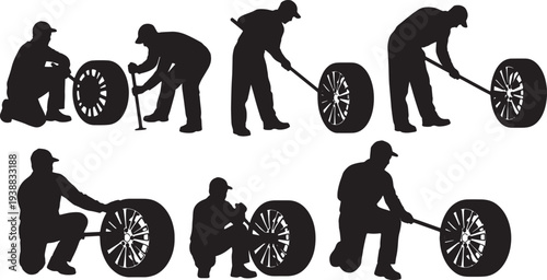 Black Solid Mechanic Removing Hubcap Silhouettes Set of Six on White Background