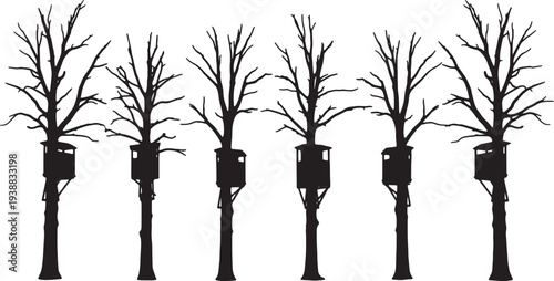 Black Solid Hunting Stand Tree Silhouettes Set of Six on White Background