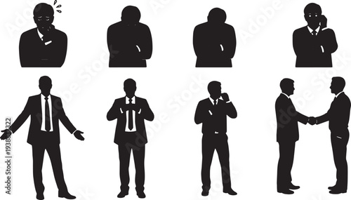 Black Solid Interview Emotions Silhouettes Set of Six on White Background