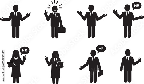 Black Solid Interview Conclusion Silhouettes Set of Six on White Background
