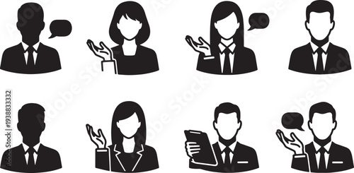 Black Solid Interview Engagement Silhouettes Set of Six on White Background