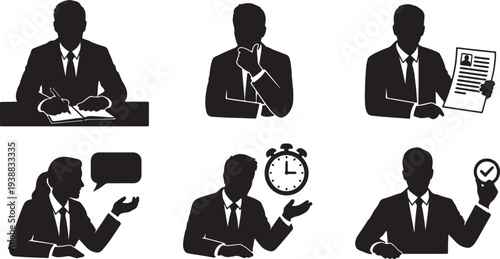 Black Solid Interviewer Perspective Silhouettes Set of Six on White Background