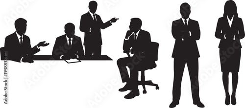 Black Solid Interview Postures Silhouettes Set of Six on White Background