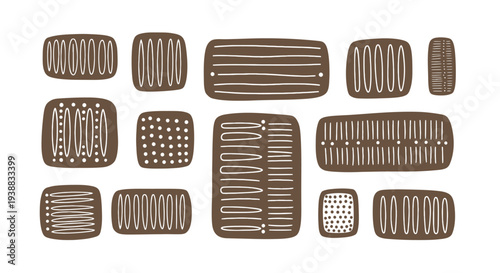 Collection of Hand Drawn Chocolate Biscuits with Various Patterns.