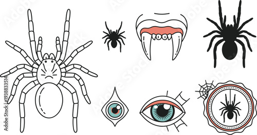 Detailed Halloween Illustration Set Featuring Scary Spiders Spider Webs Creepy Eyeballs and Sharp Vampire Fangs in Line Art and Silhouette Styles.