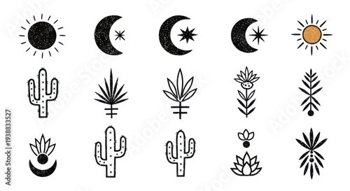 Collection of mystical celestial and botanical symbols in a minimalist style.
