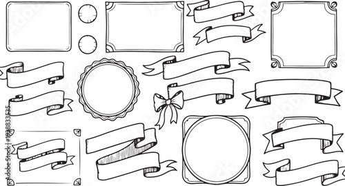 A versatile collection of black outline decorative elements on a white background, including various frames, badges, ribbons, and banners for clean and modern stationery design.