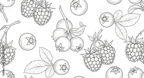 Seamless pattern of hand-drawn raspberries and blueberries.